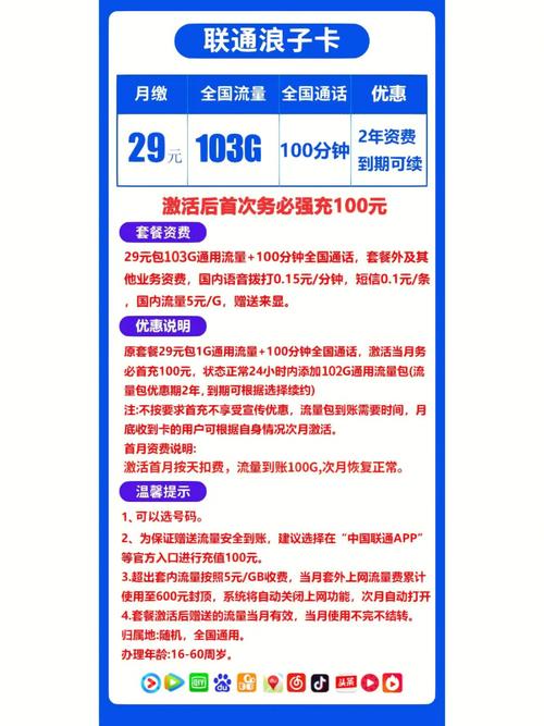 联通福利29元103g通用流量100分钟通话