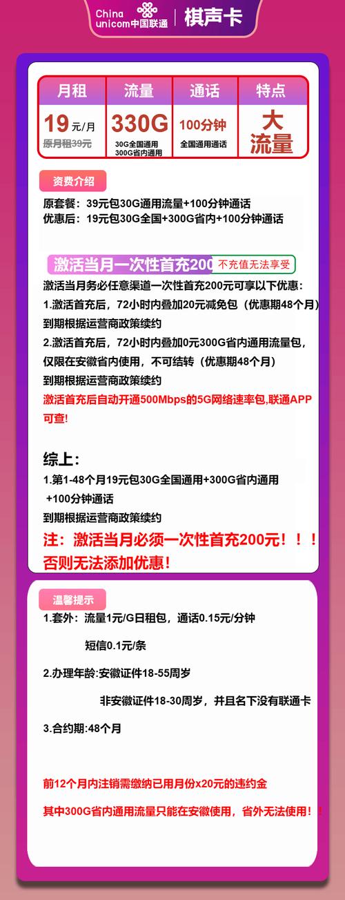 联通流量卡推荐联通棋声卡19元月330g流量 100分钟通话4年套餐仅
