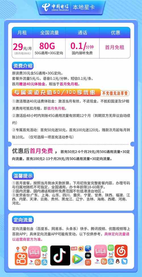 电信本地星卡怎么样 月租29元含105g通用流量 30g定向流量 首月免费