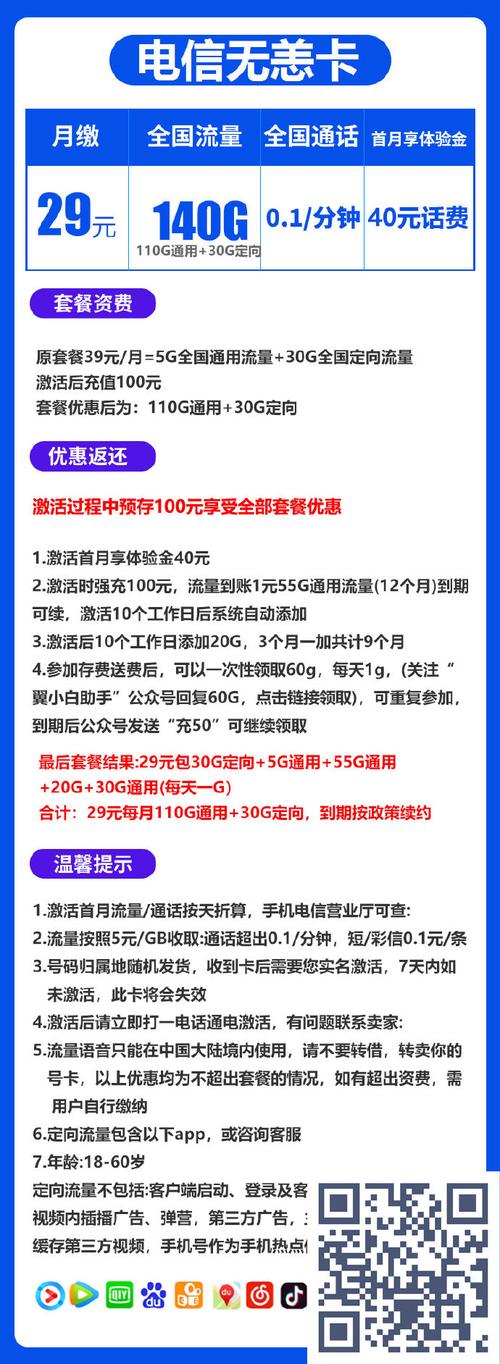 电信行之卡29元月包250g通用流量 30g定向流量 通话0