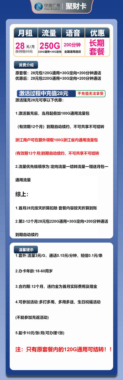 广电聚财卡28元月包220g通用流量 30g定向流量 200分钟通话长期套餐