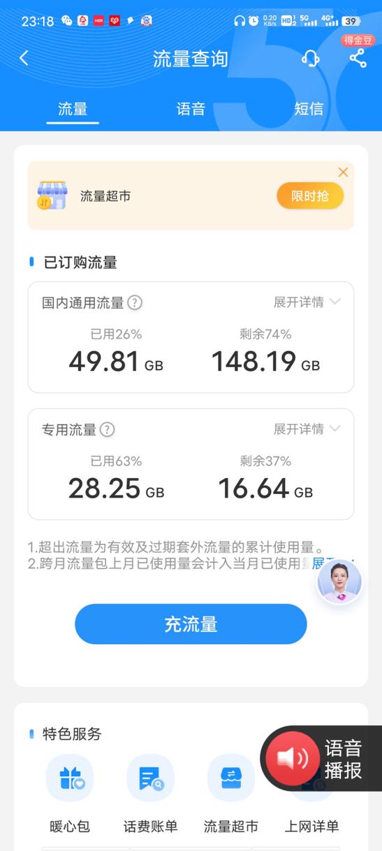 流量多得用不完19元包130g流量这未用完的流量得络转到下个月下个
