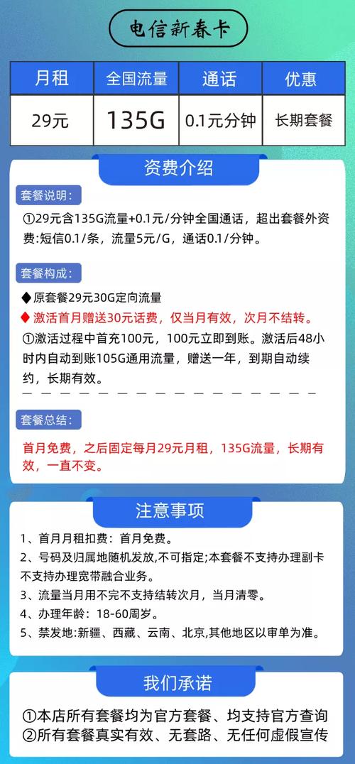 电信新春卡29元135g 01元分钟长期套餐