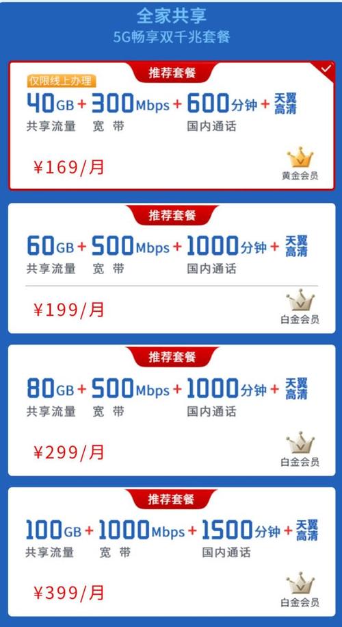 电信5g套餐速率分为300mbps500mbps1000mbps三挡分别对应169199
