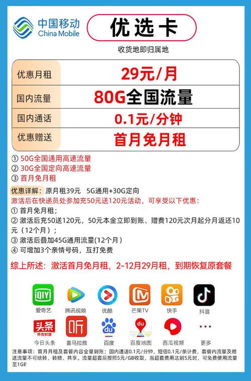 china mobile 中国移动 优选卡 首年月租29元畅享5g 80g全国流量