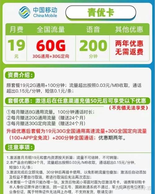 套餐一移动19元60g全国流量