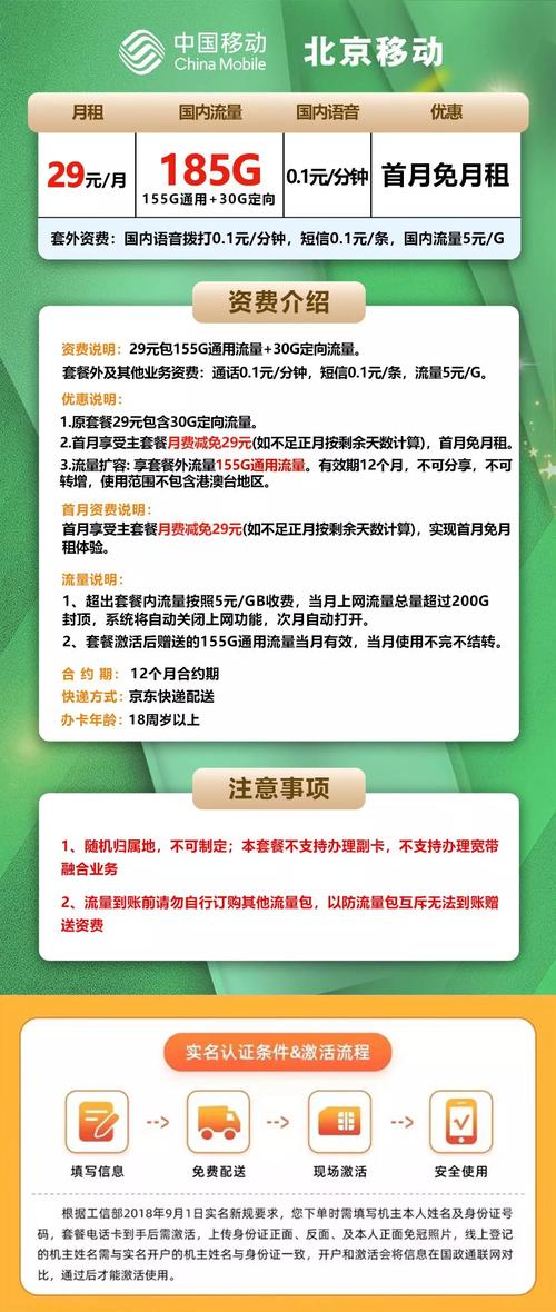 移动北京卡29月租送155g通用 30g定向 01元分钟通话