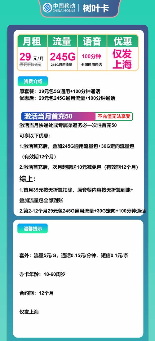 移动树叶卡29元月包245g通用流量 100分钟通话仅发上海市内套餐