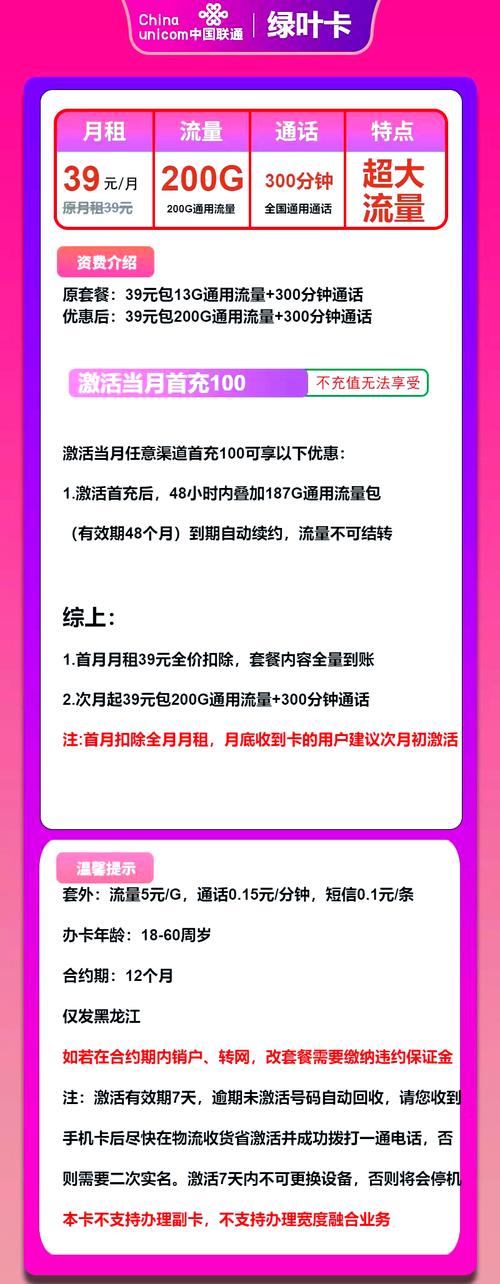 黑龙江联通流量卡39元享200g流量和300分钟通话
