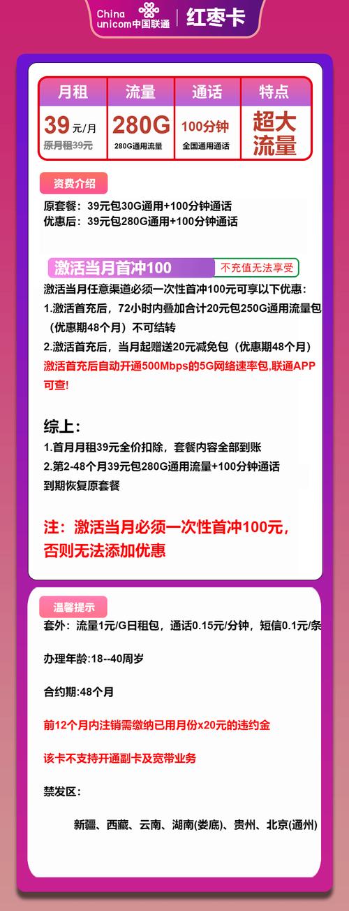联通流量卡推荐联通红枣卡39元月280g流量 100分钟通话4年套餐