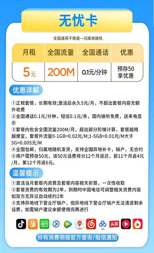 chinatelecom中国电信无忧卡5元月租200m全国通用流量01元分钟通话