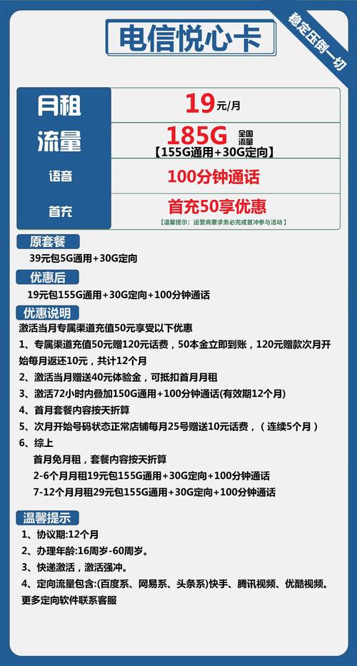 超值电信19元一年享155g流量100分钟通话赶紧来抢