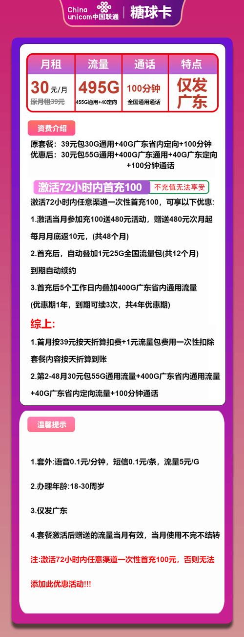 联通流量卡推荐联通糖球卡30元月495g流量 100分钟通话4年套餐