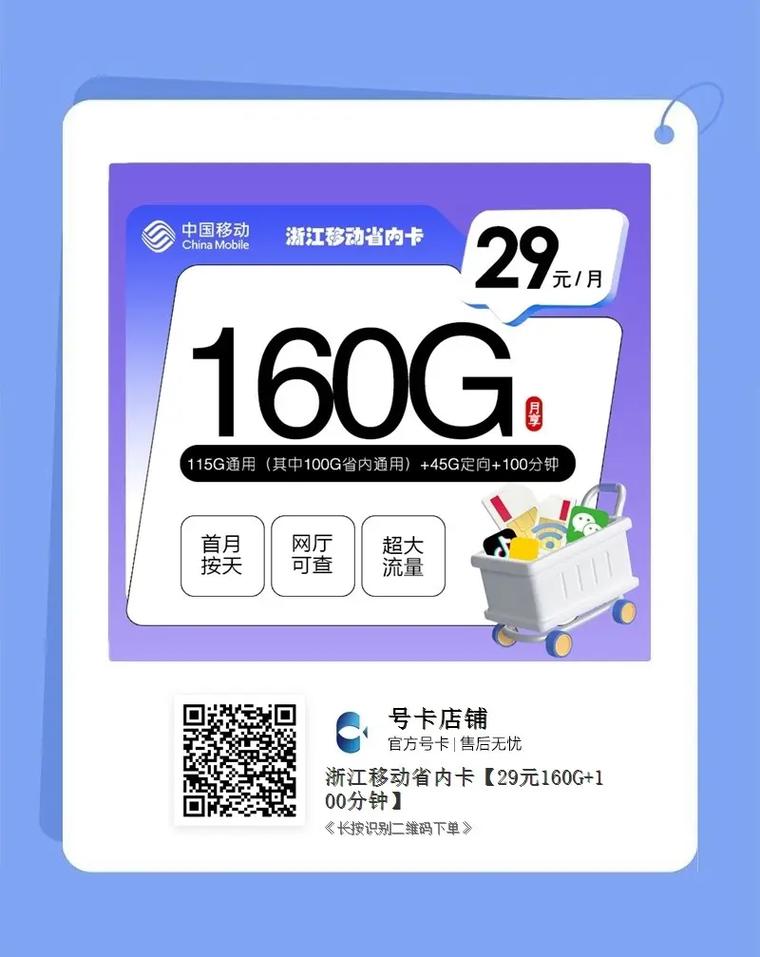 流量多到用不完浙江移动省内卡29 元 160g 10