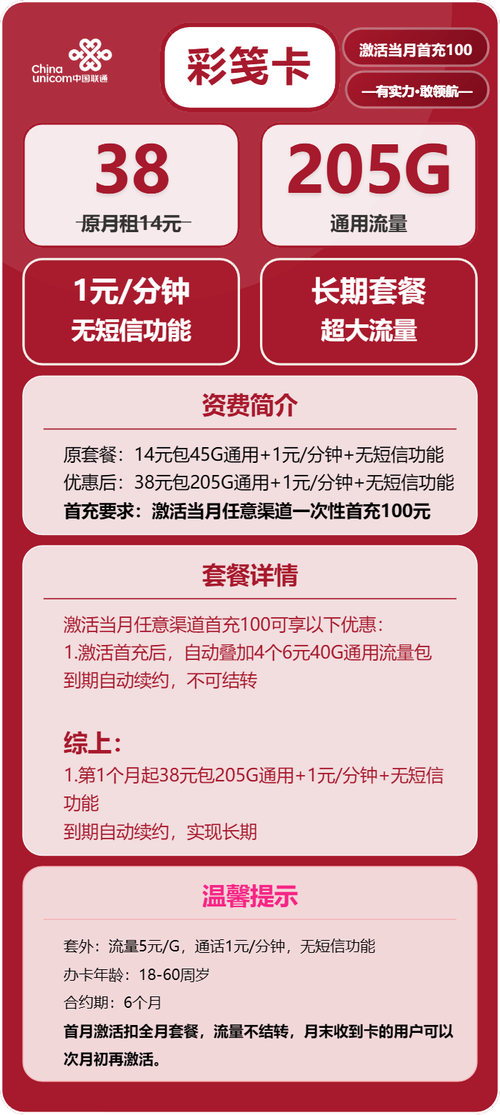 联通彩笺卡38元月包205g通用流量 通话1元分钟长期套餐