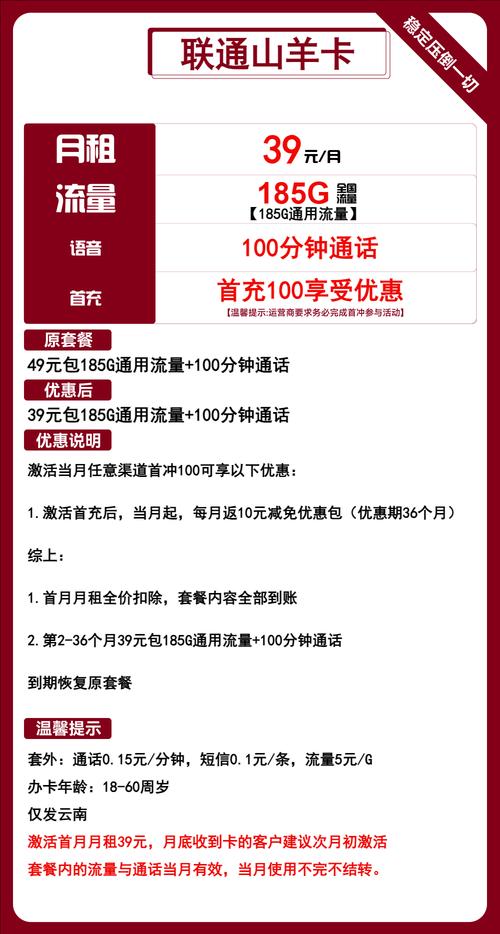 2025联通山羊卡185g通用流量 39元月租实测推荐
