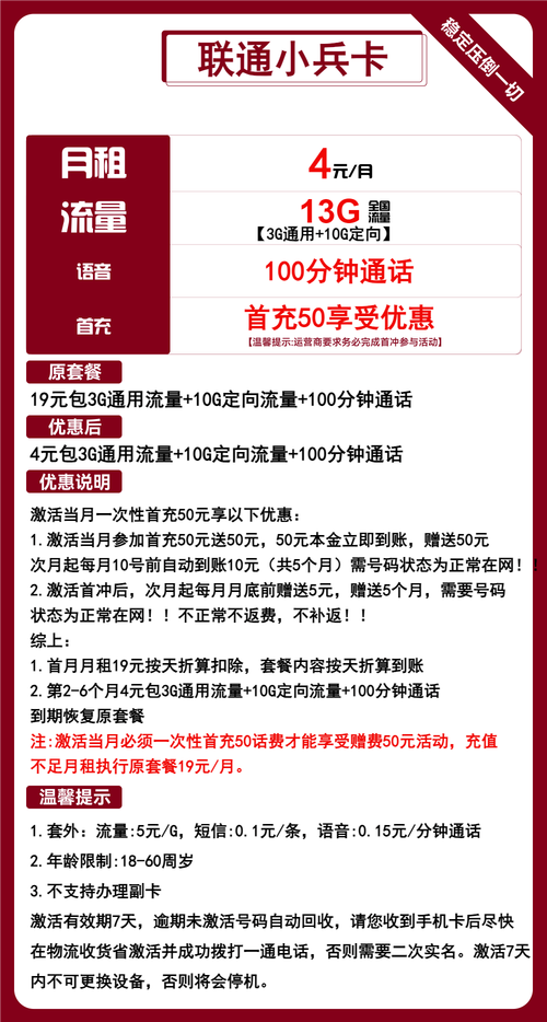 联通流量卡推荐联通小兵卡4元月包3g通用流量 10g定向流量 100分钟