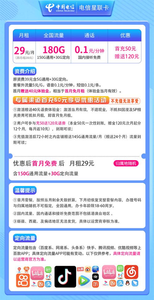电信星联卡怎么样月租29元含150g通用流量30g定向流量首月免费