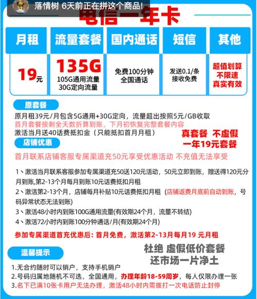 china telecom 中国电信 一年卡 19元月租105g通用 30g定向 100分钟