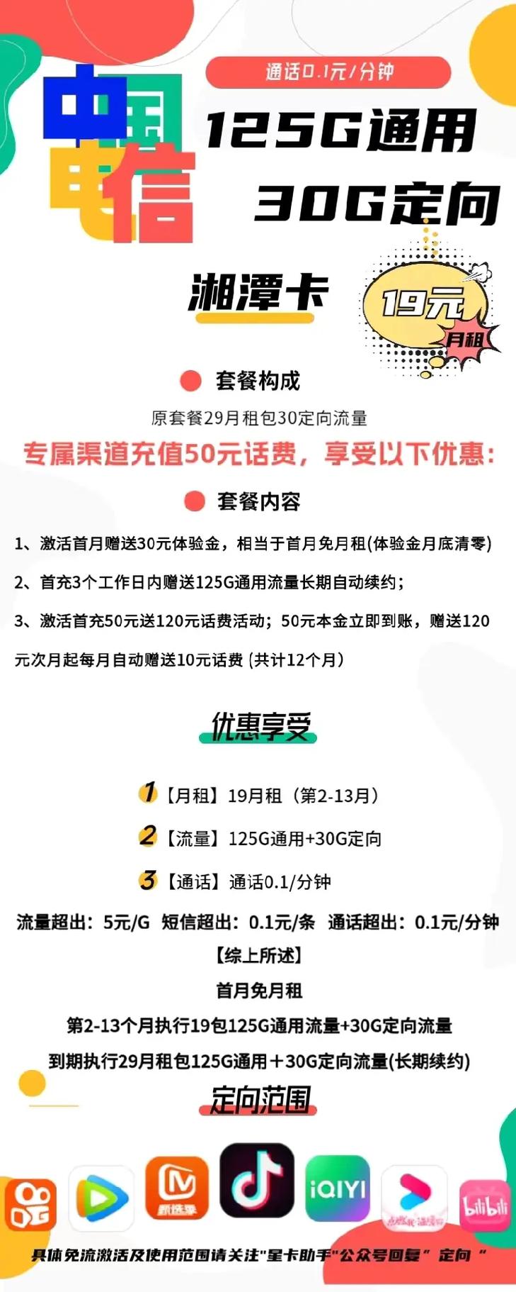 电信湘潭卡首月免月租使用首年19元次年开始长期29元12