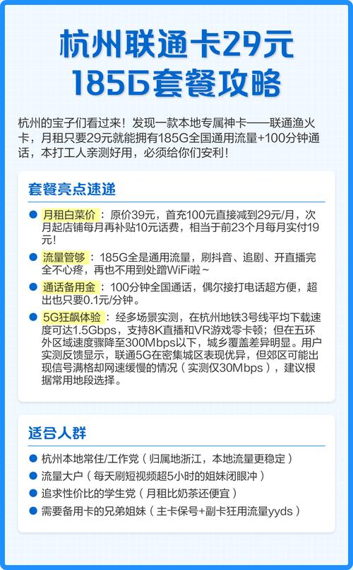 5g套餐攻略 杭州联通渔火卡以29元月租提供185g全国通用流量 100分钟