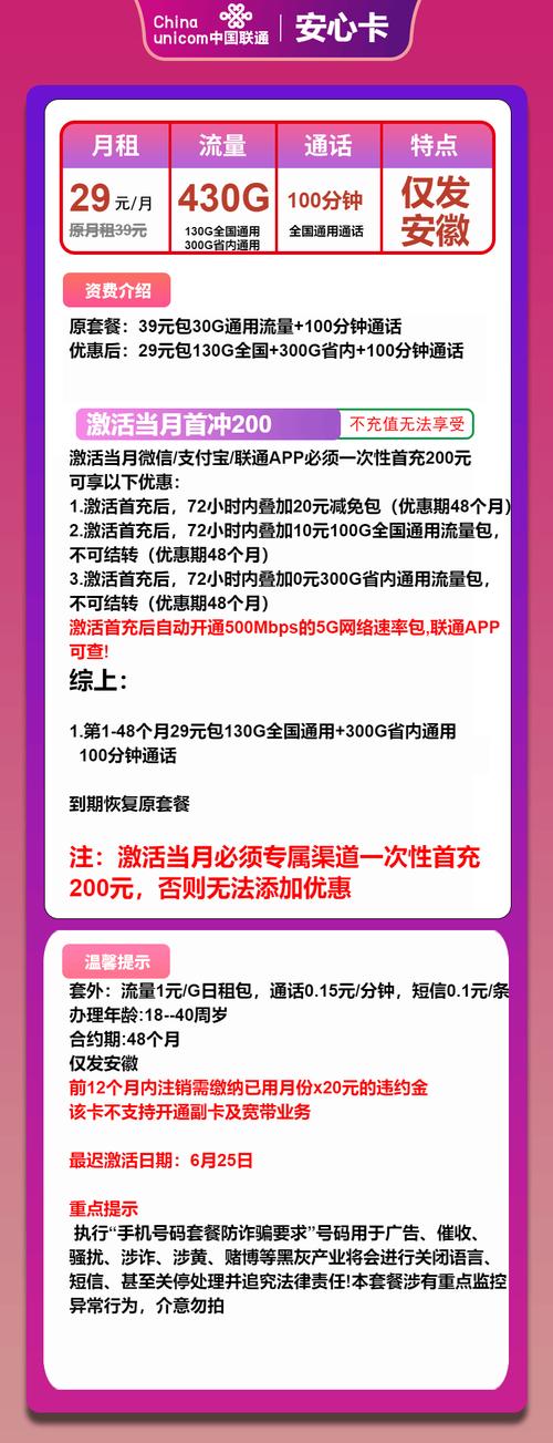 联通新出的安心卡直接把 性价比 拉到天花板 29 元  月430g