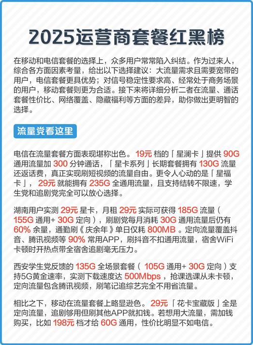 2025运营商套餐红黑榜 在移动与电信套餐选择上用户可根据需求侧重