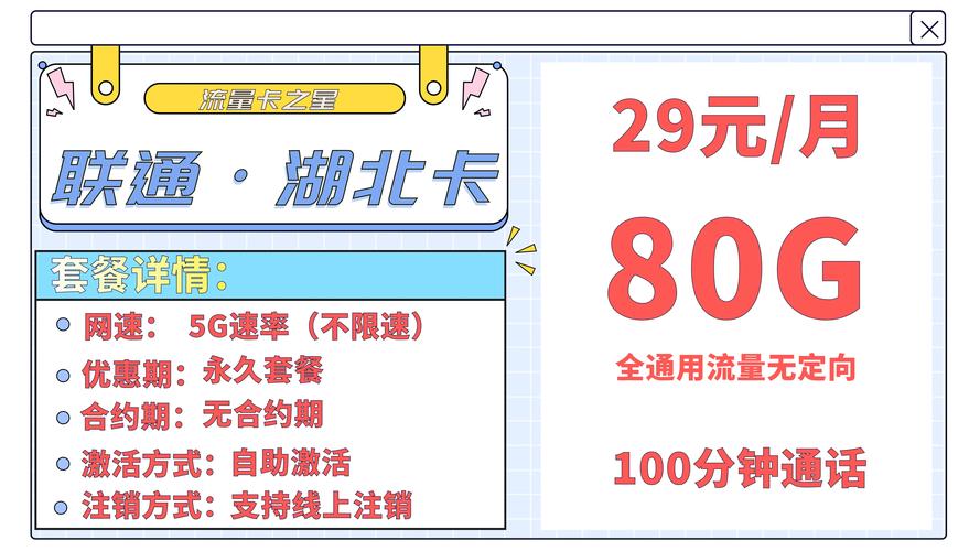 联通湖北卡29元80g流量 100分钟通话