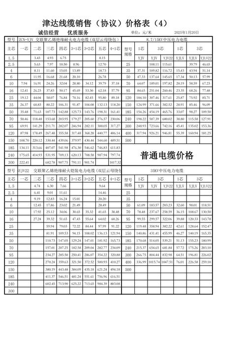 价格表25年1月20日