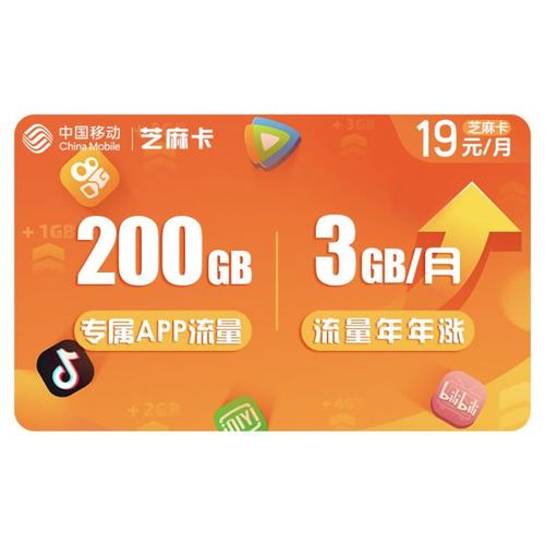 中国移动芝麻卡畅享200g专属定向流量3gb通用流量视频会员权益越用越