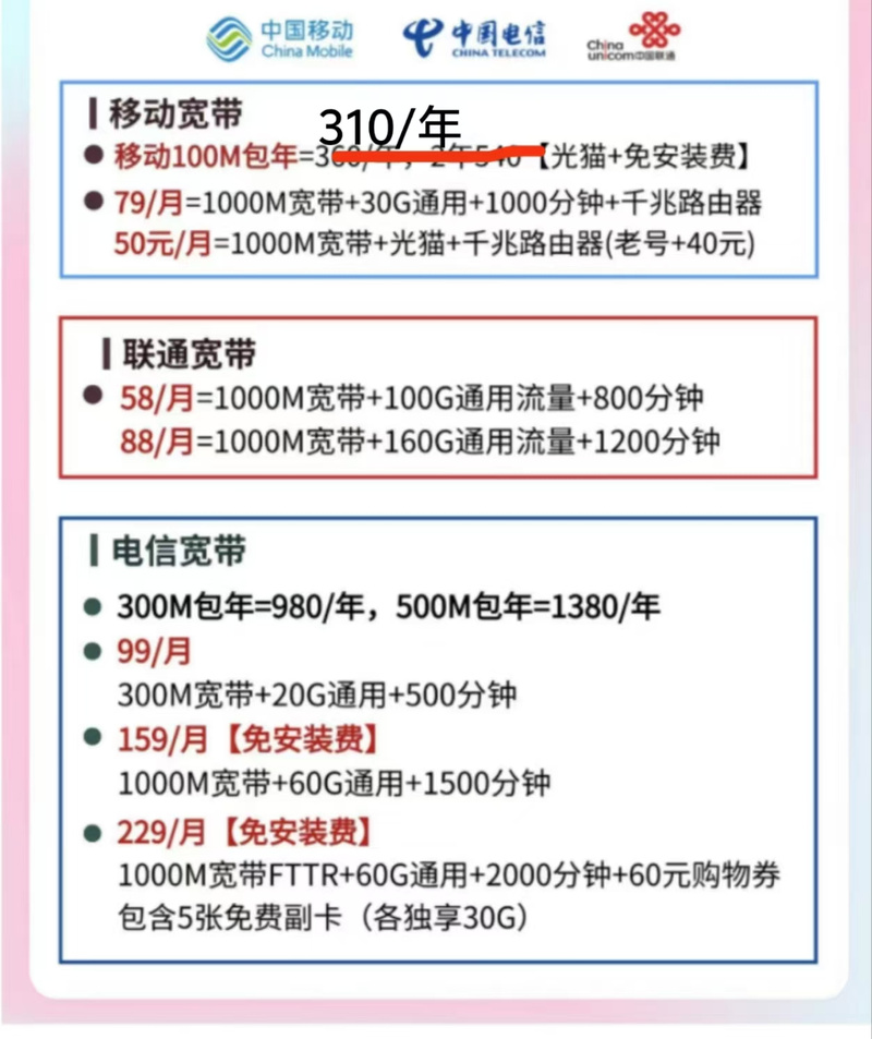 厦门三大运营商内部套餐别办错