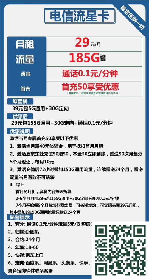 电信君汇卡29元月包50g通用流量 30g定向流量 通话0