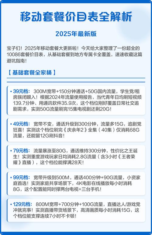 移动套餐价目表全解析2025年最新版 2025年移动套餐全攻略覆盖基础