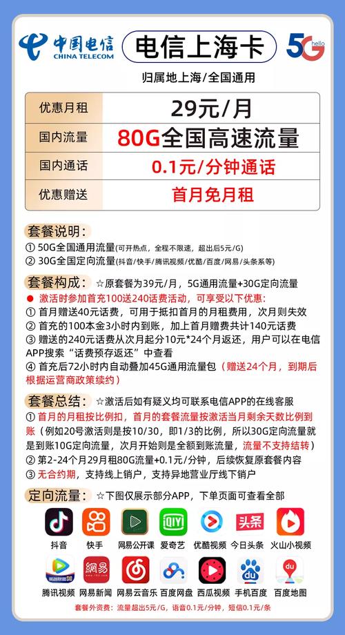 电信上海卡29月租送50g通用 30g定向 01元分钟通话