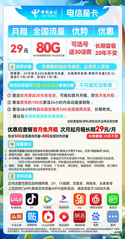 china telecom 中国电信 星卡 29元月租50g通用流量 30g定向流量 可