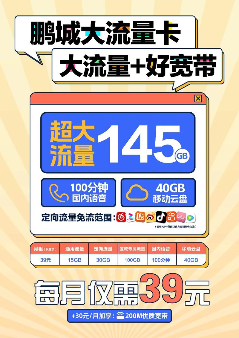 深圳移动大流量卡首年39元145g中国移动 手机套餐
