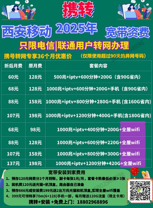 西安移动宽带2025年2月套餐咨询办理安装收费资费价格携号转网全