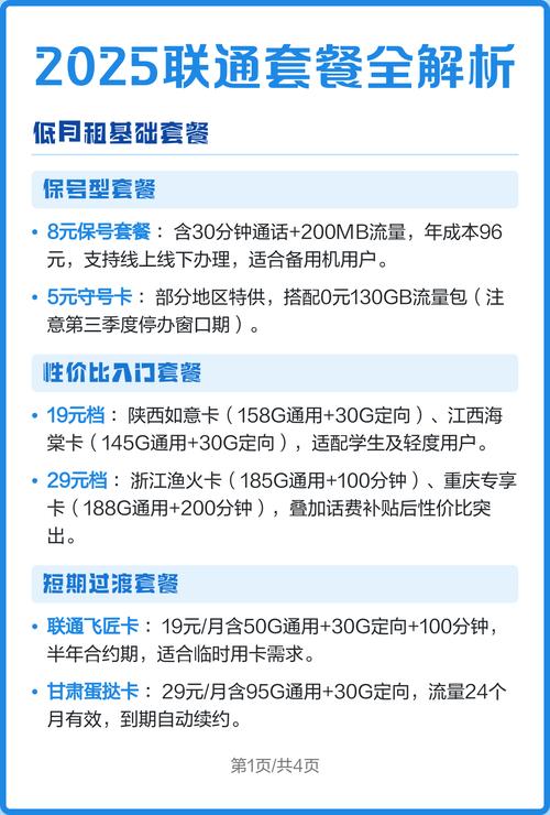 2025联通套餐全解析 低月租基础套餐 8元保号套餐30分钟通话
