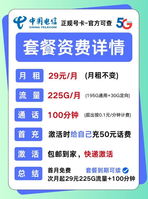 套餐可续飞雷卡29元225g 100分钟 首月免费2025电信流量卡推荐