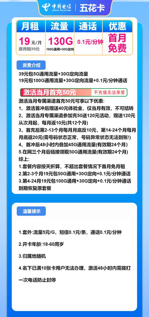 电信流量卡推荐电信五花卡19元月130g流量 通话01元分钟2年套餐