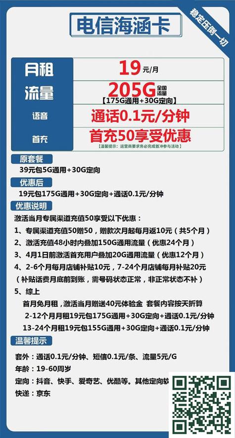 移动随心卡19元月包50g通用流量 30g定向 通话0