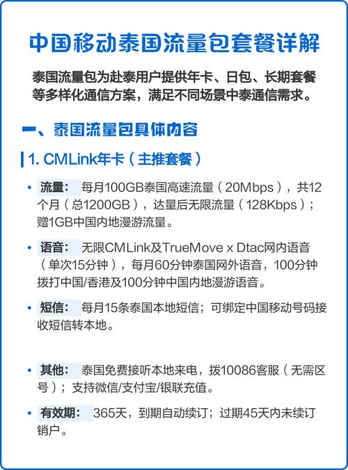 中国移动泰国流量包为赴泰用户提供年卡日包长期套餐等多种选择
