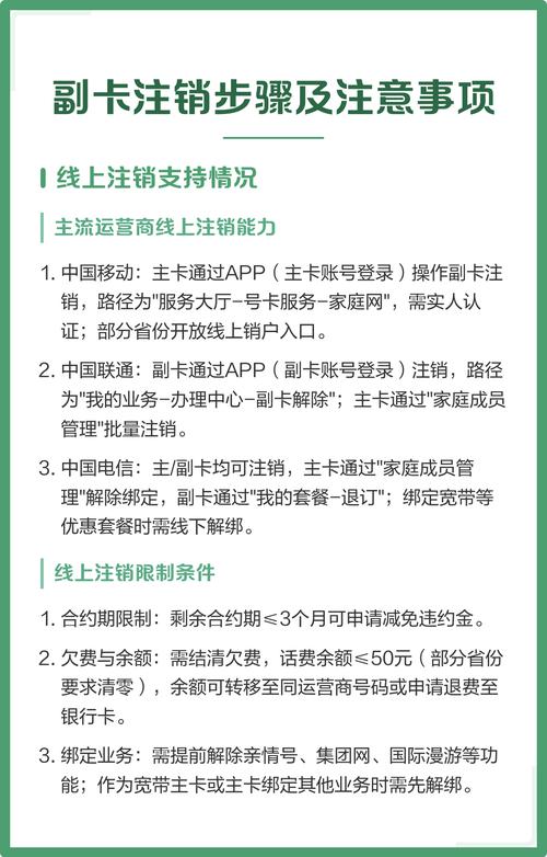 线上注销支持情况 移动联通电信均支持线上注销副卡但路径及限制