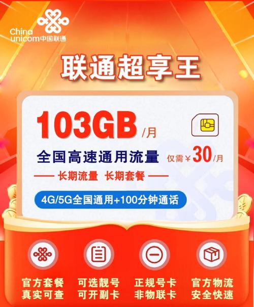 联通超享王卡月租30元 103g流量