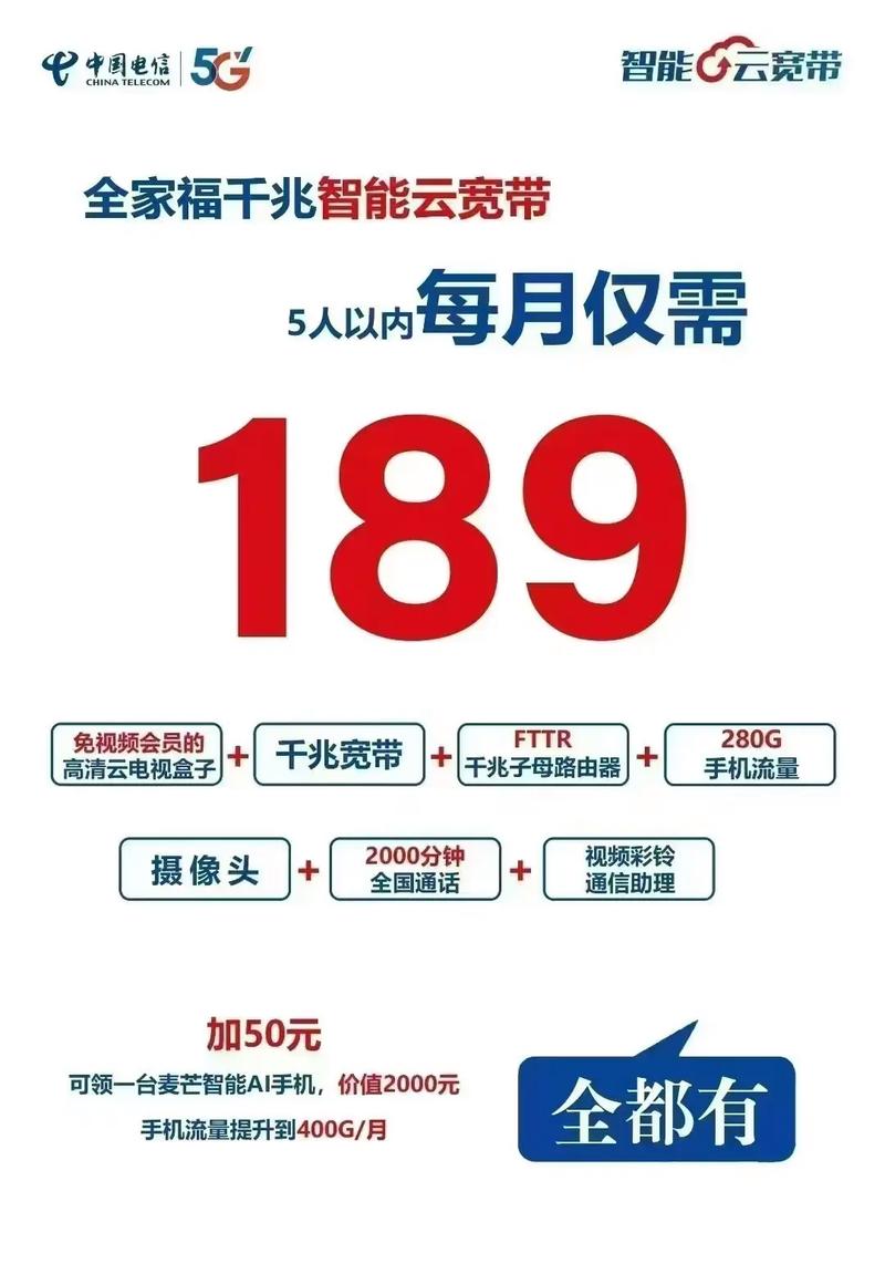 电信189五张卡280g流量2000分钟全屋wifi