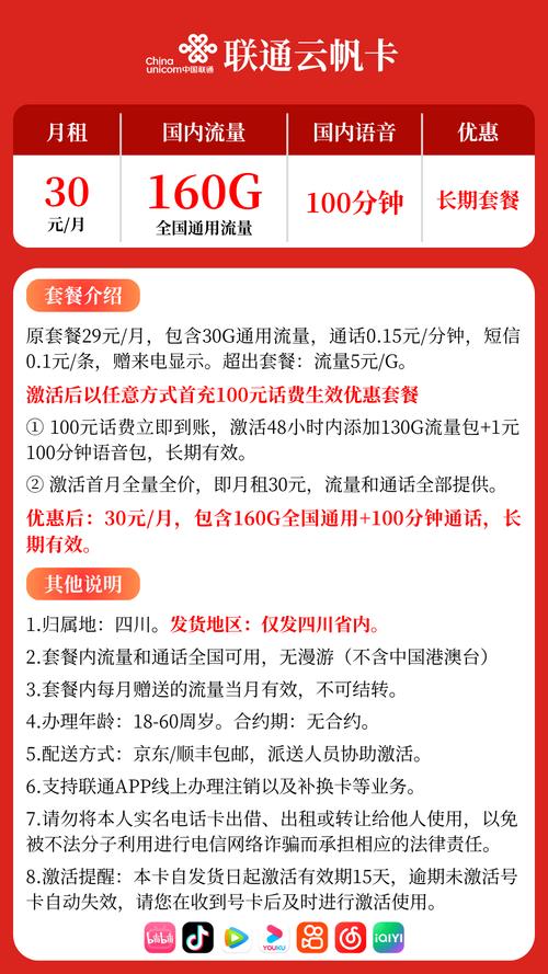 四川联通云帆卡30元160g全国流量 100分钟通话套餐介绍