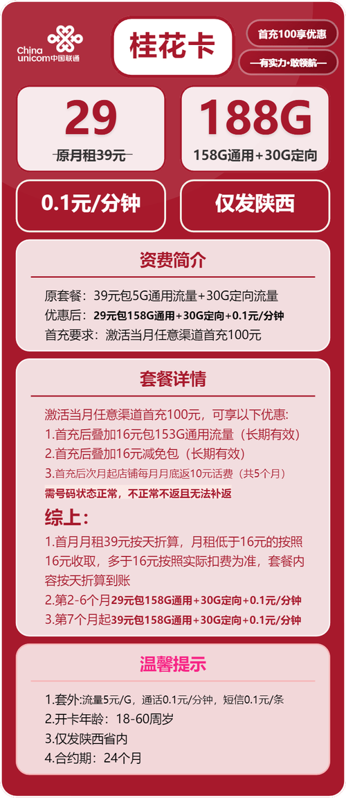联通桂花卡29元包188g流量测评附办理条件 资费拆解套餐通用
