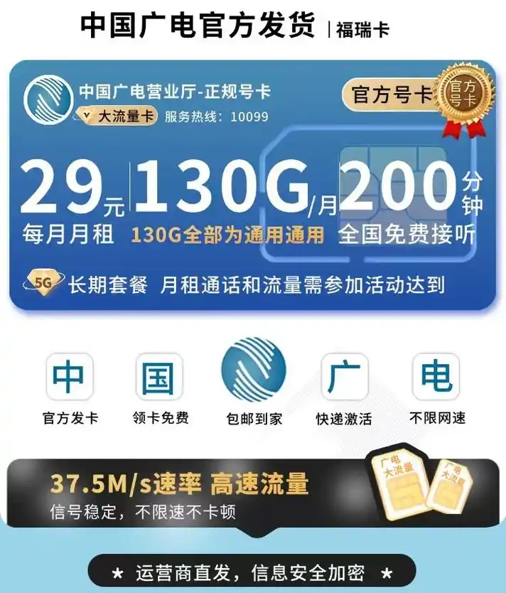 广电福瑞卡29元130g通用流量 200分钟 福建专属