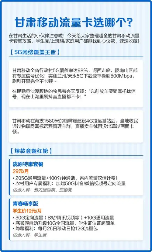 甘肃移动流量卡套餐全攻略覆盖广套餐全速藏